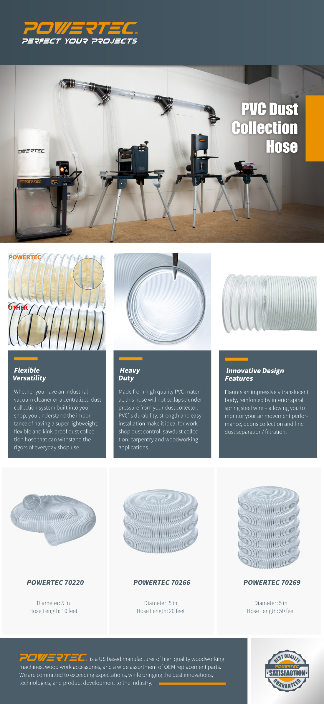 POWERTEC 5 in. x 50 ft. Clear Vue PVC Dust Collection Flexible Heavy